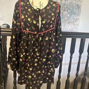 CY‎ Fashion M Womens Floral Peasant  Boho Blouse Womans Top Flowy Black XL